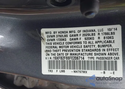 2015 Honda Civic Ex z USA, uszkodzony, nr VIN 19XFB2F88FE206714